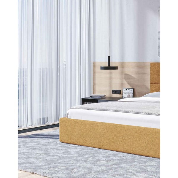 Tapicerowane łóżko dwuosobowe w kolorze ochry ze stelażem i schowkiem 180x200 cm Bufo – MESONICA-image-4