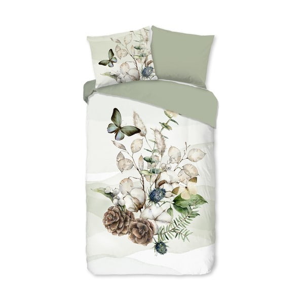 Zielono-kremowa flanelowa pościel jednoosobowa 140x220 cm Marjan – Good Morning