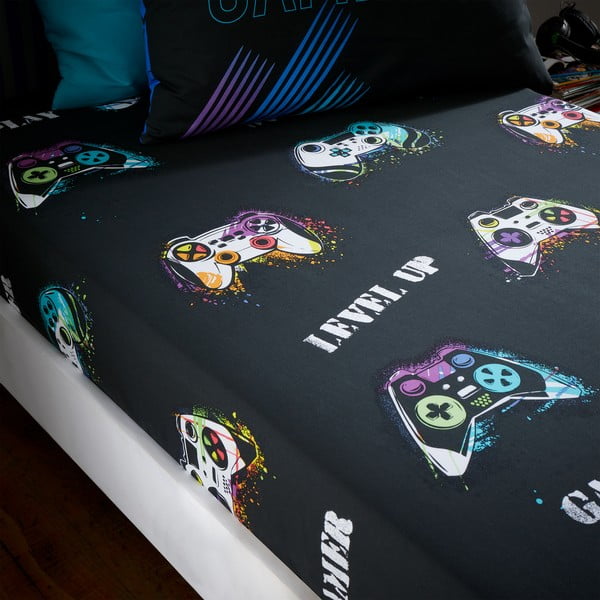 Czarne prześcieradło dziecięce jednoosobowe z gumką 90x190 cm Game Over – Catherine Lansfield-image-1