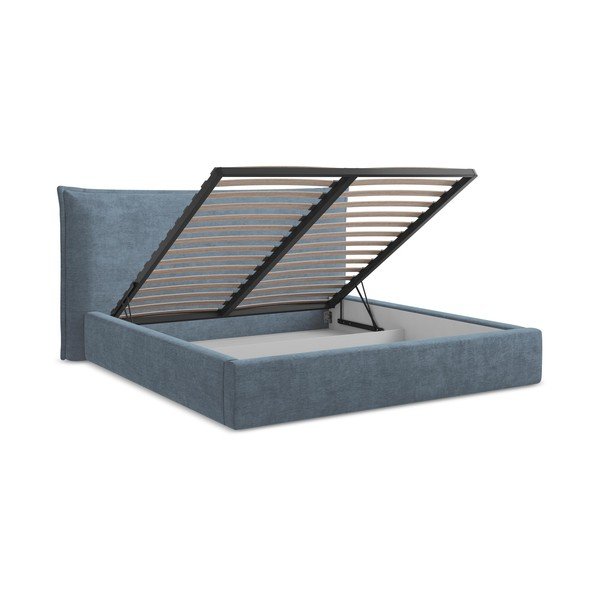 Niebieskie tapicerowane łóżko dwuosobowe ze schowkiem ze stelażem 160x200 cm Esala – Makamii-image-3