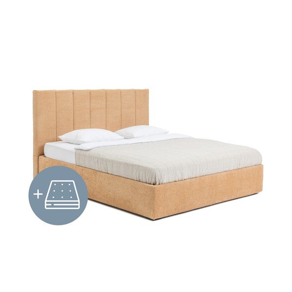 Musztardowe tapicerowane łóżko dwuosobowe ze schowkiem z materacem i stelażem 180x200 cm Thessa Bold Line – Bonami Selection
