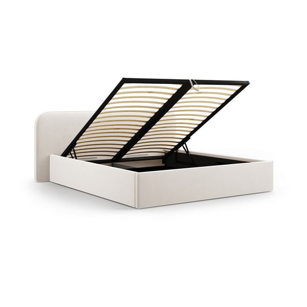 Tapicerowane łóżko dwuosobowe ze schowkiem i stelażem 200x200 cm w kolorze kości słoniowej Elizabeth – Micadoni -image-2