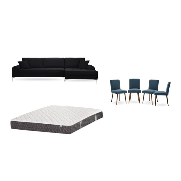 Zestaw czarnego narożnika prawostronnego, 4 niebieskich krzeseł i materaca 160x200 cm Home Essentials