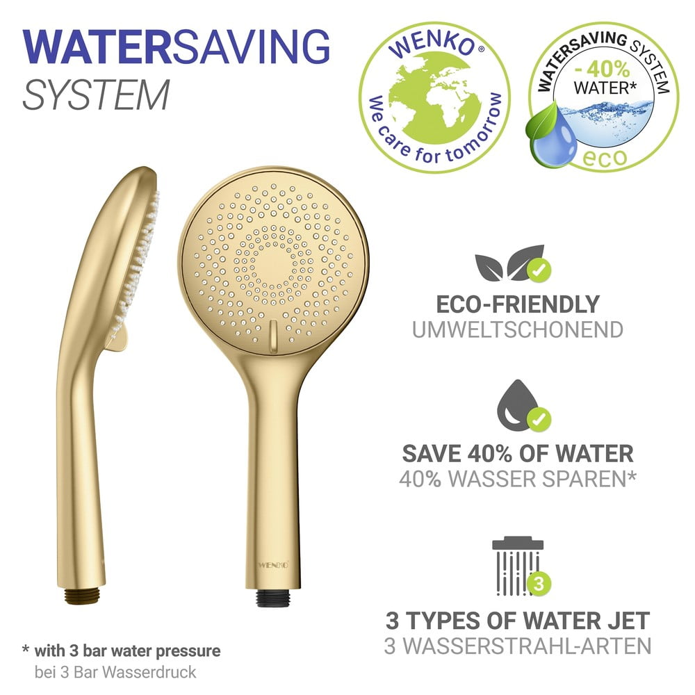 Plastikowa słuchawka prysznicowa z funkcją oszczędzania wody w kolorze matowego złota ø 11 cm Watersaving System – Wenko (zdjęcie 3)