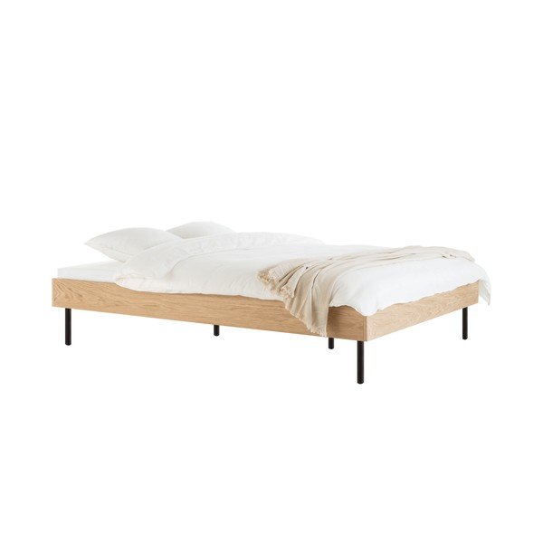 Łóżko dwuosobowe z płyty wiórowej w dekorze dębu bez zagłówka ze stelażem 160x200 cm w naturalnym kolorze Streiko – noo.ma