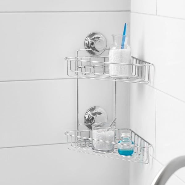 Narożna samoprzylepna metalowa półka łazienkowa w kolorze srebra Bestlock Bath – Compactor-image-1