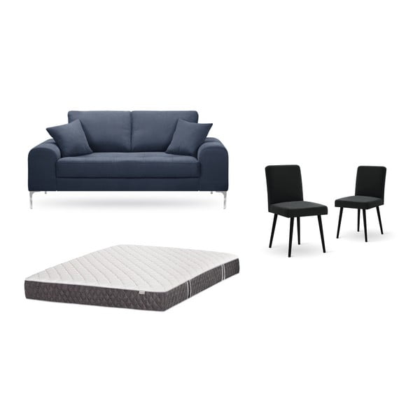 Zestaw 2-osobowej ciemnoniebieskiej sofy, 2 czarnych krzeseł i materaca 140x200 cm Home Essentials