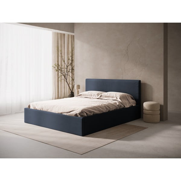 Ciemnoniebieskie tapicerowane łóżko dwuosobowe ze schowkiem/bez zagłówka ze stelażem 180x200 cm Susan – Micadoni -image-1