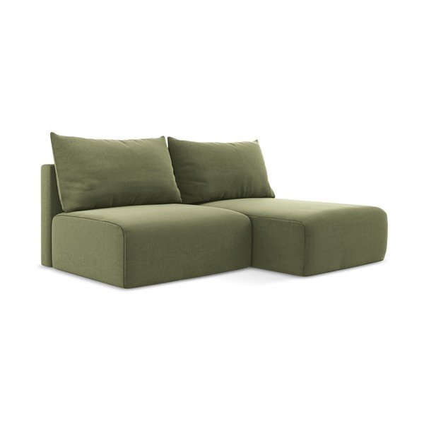 Zielony aksamitny rozkładany/ze schowkiem narożnik (prawostronny/z szezlongiem) Kalena – Makamii-image-2
