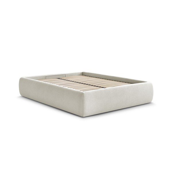 Beżowe tapicerowane łóżko dwuosobowe bez zagłówka ze schowkiem i stelażem 160x200 cm Inera – Bobochic Paris