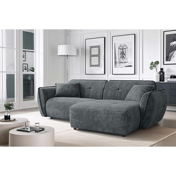 Ciemnoszary narożnik z tkaniny szenilowej (prawostronny/z szezlongiem) Nelia – Ropez-image-1