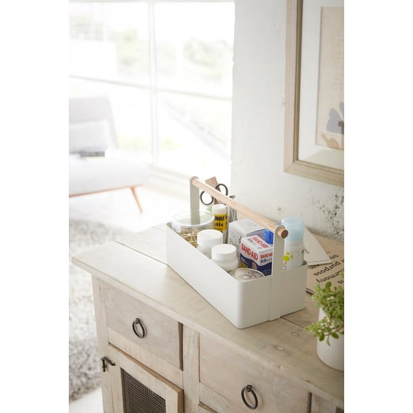 Biały pojemnik z uchwytem z drewna bukowego YAMAZAKI Tosca Tool Box, dł. 29 cm-image-2