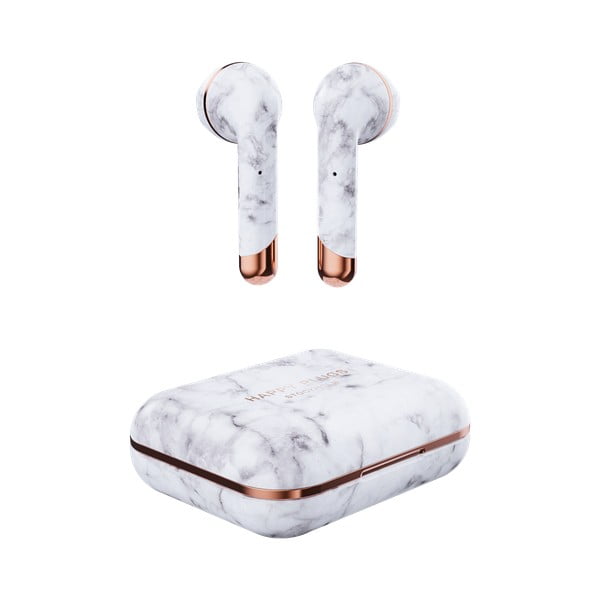 Białe bezprzewodowe słuchawki w etui Happy Plugs Air 1 Marble