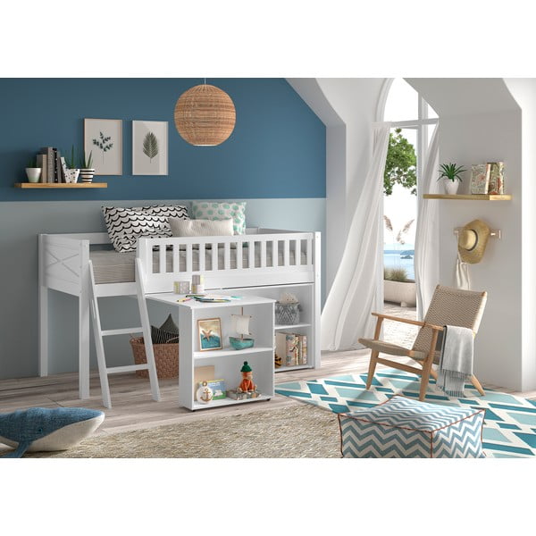 Białe podwyższone łóżko dziecięce z litego drewna sosnowego ze schowkiem 90x200 cm SCOTT – Vipack-image-1