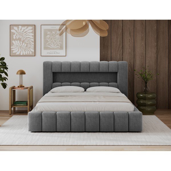 Szare tapicerowane łóżko dwuosobowe ze schowkiem ze stelażem 160x200 cm Lamica – ELTAP-image-1
