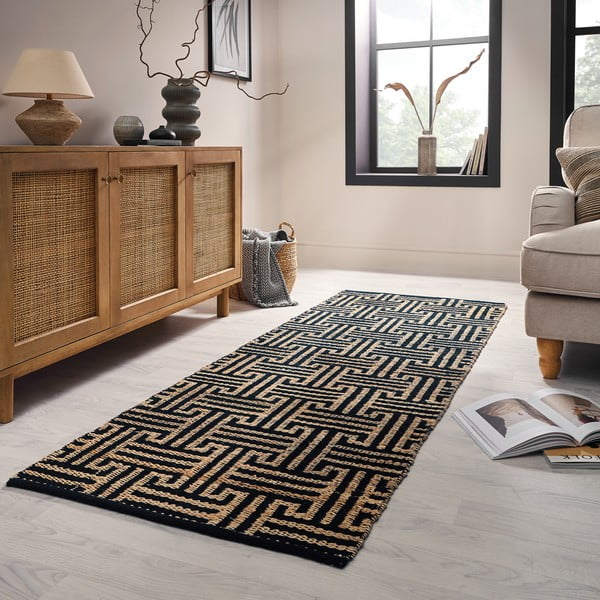 Czarno-naturalny chodnik z mieszanki juty tkany ręcznie 80x230 cm Meander Jute – Flair Rugs-image-1