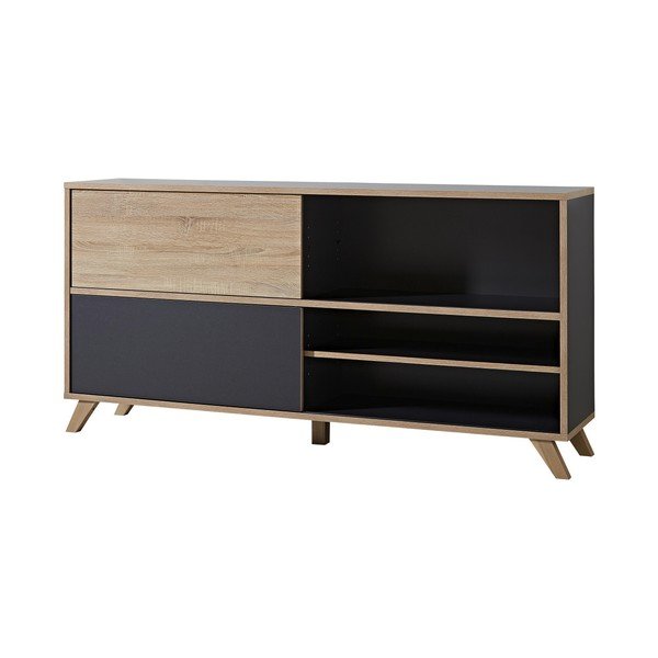 Czarna niska komoda z drzwiczkami przesuwnymi z dekorem drewna dębowego Germania Calvi-image-1