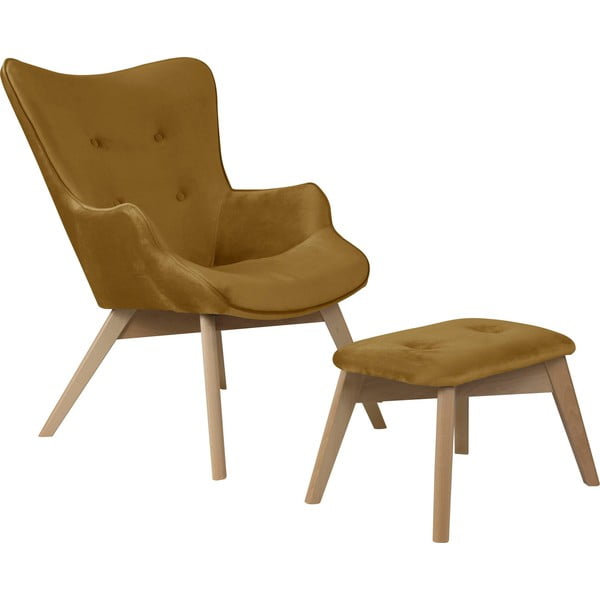 Musztardowy aksamitny fotel z podnóżkiem Niko – Ropez