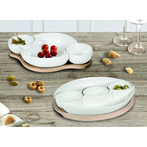 Zestaw 5 białych miseczek do serwowania z porcelany na bambusowej tacy Brandani Plait-image-1