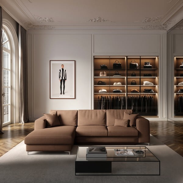 Brązowy aksamitny rozkładany narożnik ze schowkiem (lewostronny/z szezlongiem) Rene – Rodier-image-1