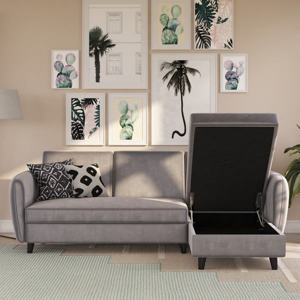 Szary aksamitny rozkładany narożnik Perry – Støraa-image-1