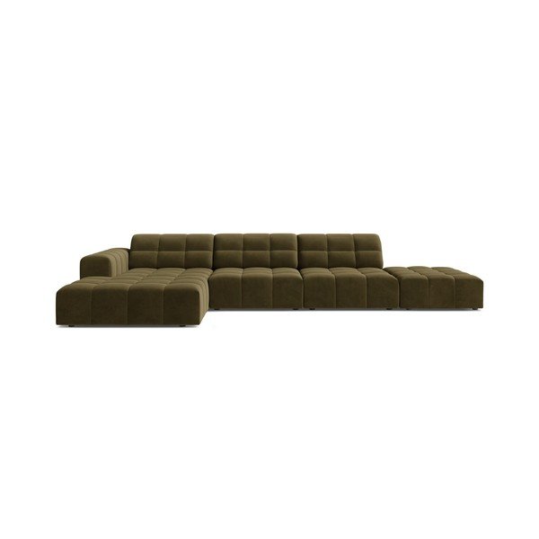 Aksamitny narożnik (lewostronny/z szezlongiem) w kolorze khaki Chicago – Cosmopolitan Design