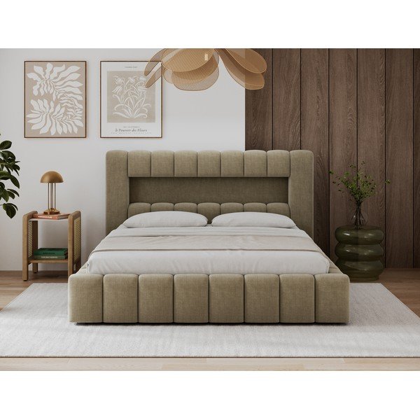 Jasnobrązowe tapicerowane łóżko dwuosobowe ze schowkiem ze stelażem 180x200 cm Lamica – ELTAP-image-1