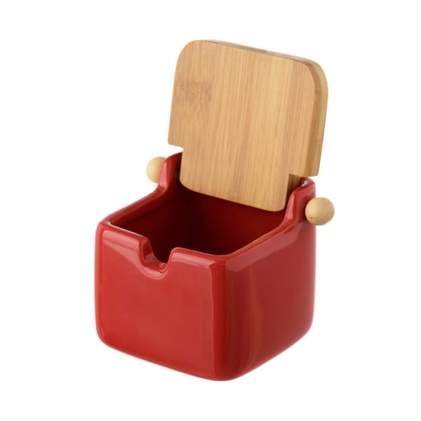 Czerwony pojemnik kamionkowy na sól z bambusowym wieczkiem Casa Selección 250 ml-image-1