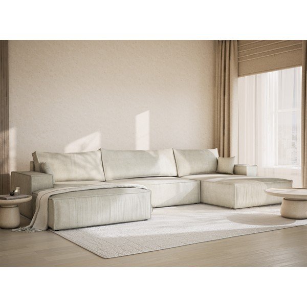 Kremowy rozkładany/ze schowkiem narożnik z tkaniny szenilowej (w kształcie litery U) Kyoto – Maison de Rêve-image-1