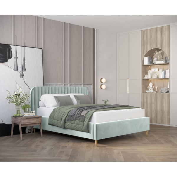 Miętowe tapicerowane łóżko jednoosobowe ze schowkiem ze stelażem 120x200 cm Noto – Maison de Rêve-image-1