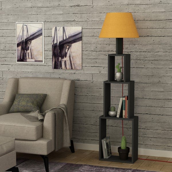 Antracytowa lampa stojąca z żółtym abażurem Homitis Tower-image-1