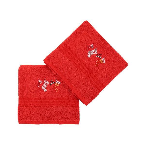 Zestaw 2 czerwonych świątecznych ręczników Stockings, 70x140 cm