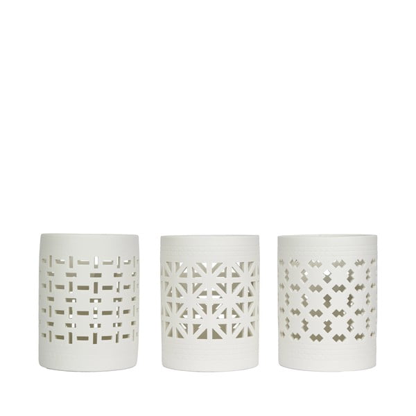 Zestaw 3 porcelanowych świeczników z wygrawerowanym wzorem