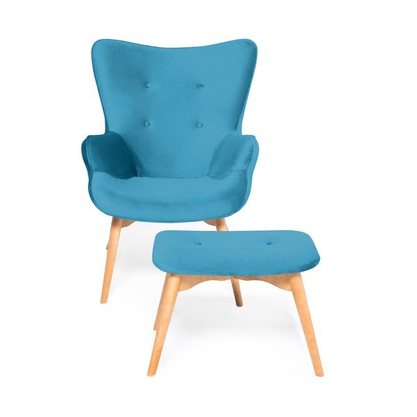 Ciemnoturkusowy fotel z podnóżkiem i nogami w naturalnym kolorze Vivonita Cora Velvet-image-2