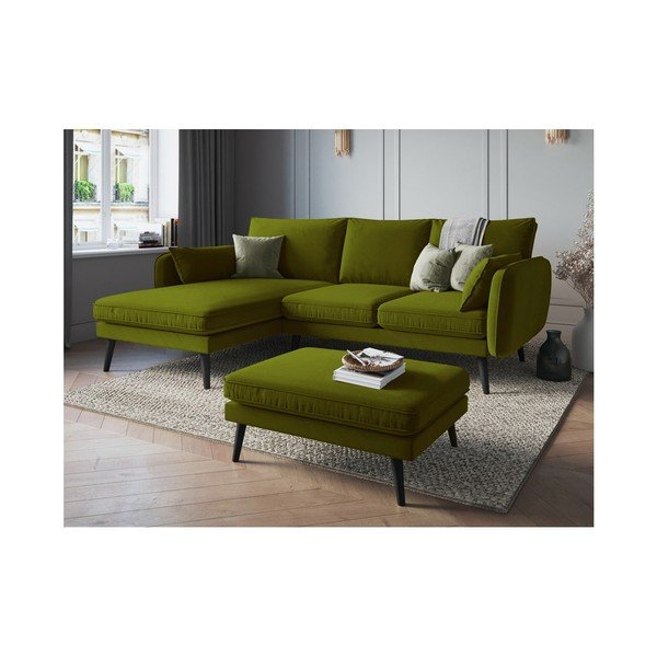 Zielony aksamitny podnóżek z czarnymi nogami Kooko Home Lento-image-4