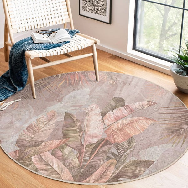 Jasnoróżowy okrągły dywan odpowiedni do prania ø 120 cm Dusty Leaves – Mila Home-image-4