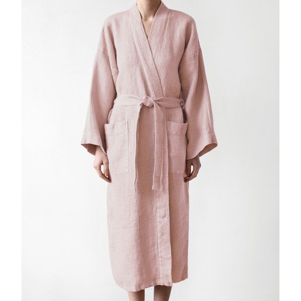 Pudroworóżowy szlafrok unisex z bawełny i lnu Linen Tales, rozm. S