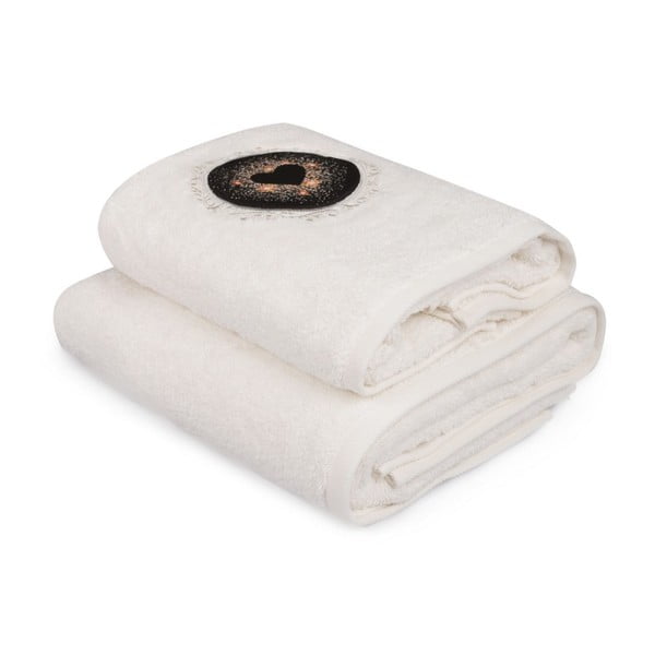 Komplet białego ręcznika i białego ręcznika kąpielowego z kolorowym detalem Espérance