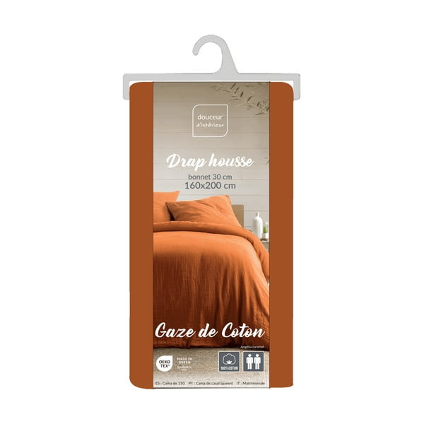Pomarańczowobrązowe prześcieradło muślinowe 160x200 cm Angelia – douceur d'intérieur-image-3