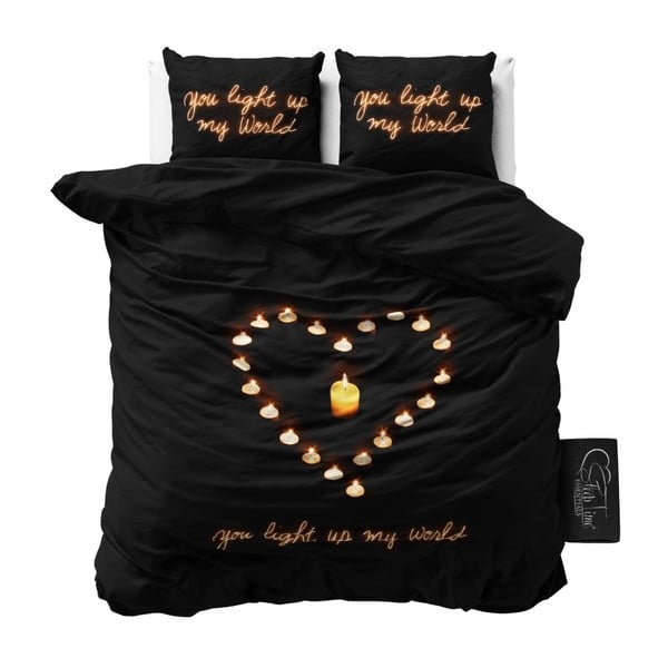 Czarna jednoosobowa pościel z mikroperkalu Sleeptime Love Candles, 160x200 cm