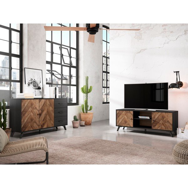 Czarna szafka pod TV w dekorze orzecha 136x53 cm Chevrons – Marckeric-image-1