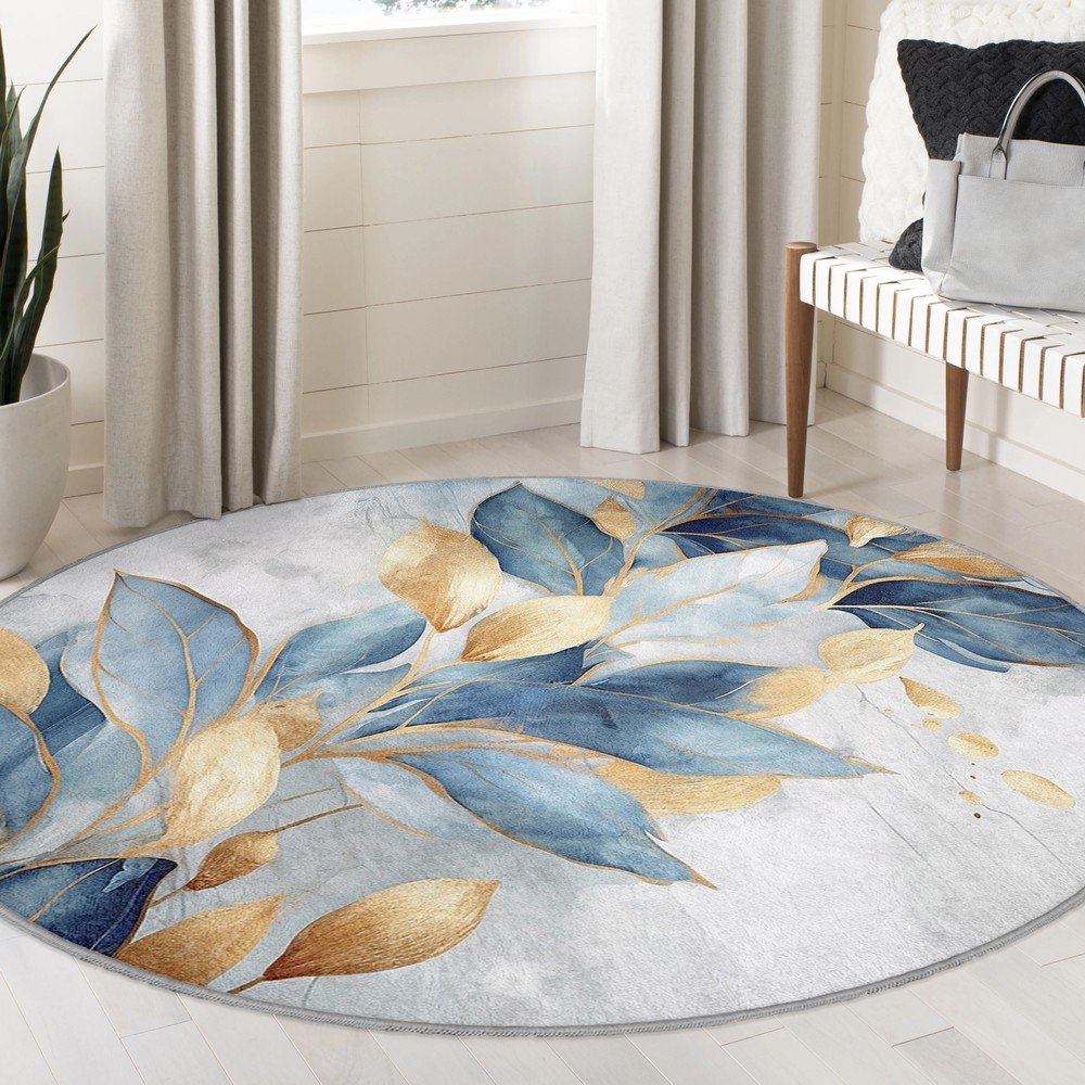 Okrągły dywan w niebiesko-złotym kolorze odpowiedni do prania ø 120 cm Golden Leaves – Mila Home (zdjęcie 11)