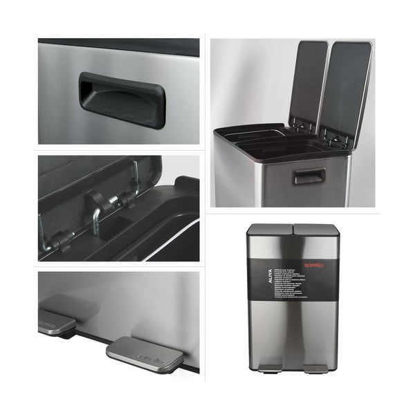 Stalowy kosz na śmieci 2x30 l do segregacji odpadów/z pedałem w kolorze matowego srebra   Aliya – Spirella-image-3