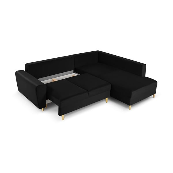 Czarny aksamitny rozkładany narożnik ze schowkiem (prawostronny/w kształcie litery L) Kyoto – Cosmopolitan Design-image-3