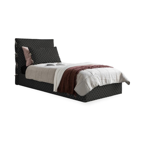 Czarne tapicerowane łóżko jednoosobowe ze schowkiem i stelażem 90x200 cm Sleepy Luna – Miuform