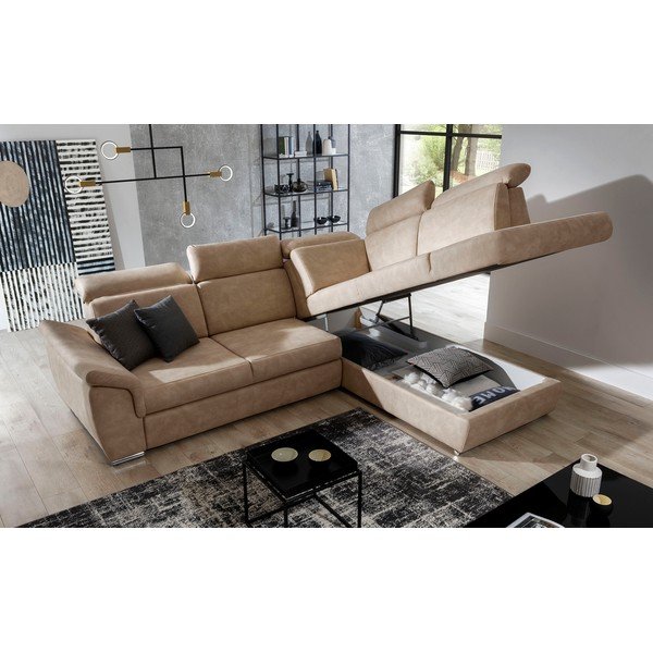 Beżowy aksamitny rozkładany/ze schowkiem narożnik (prawostronny/w kształcie litery L) Loreto – ELTAP-image-3