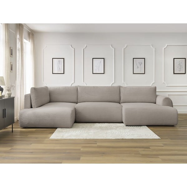 Jasnoszary/beżowy sztruksowy rozkładany/ze schowkiem narożnik (lewostronny/w kształcie litery U) Lucien – Bobochic Paris-image-1