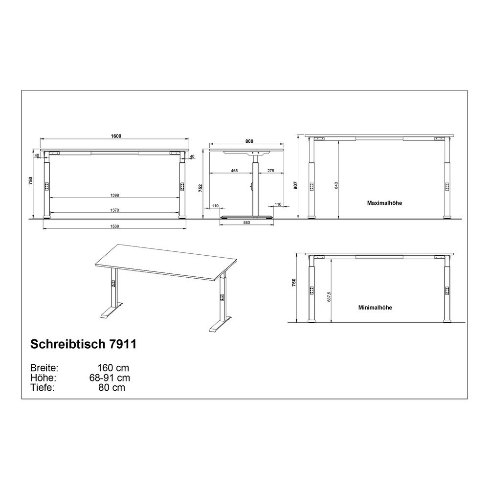 Biurko z regulowaną wysokością z blatem w dekorze dębu 80x160 cm Downey – Germania (zdjęcie 4)
