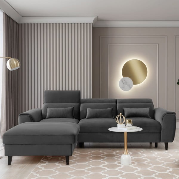 Ciemnoszary aksamitny rozkładany/ze schowkiem narożnik (lewostronny/z szezlongiem) Foble – ELTAP-image-1