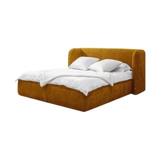 Tapicerowane łóżko dwuosobowe w kolorze ochry ze schowkiem i stelażem 180x200 cm Louise – Bobochic Paris